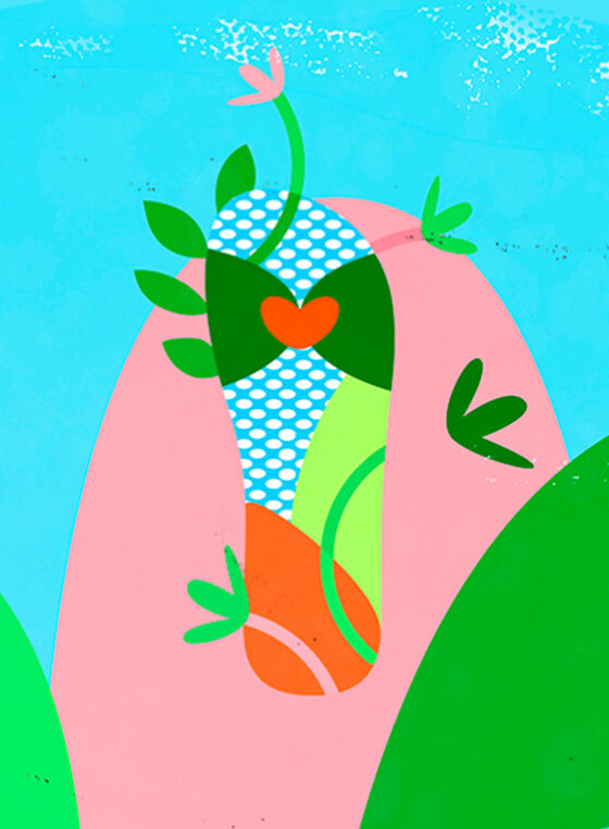 Flip flop illustration with plants and colorful circles around them