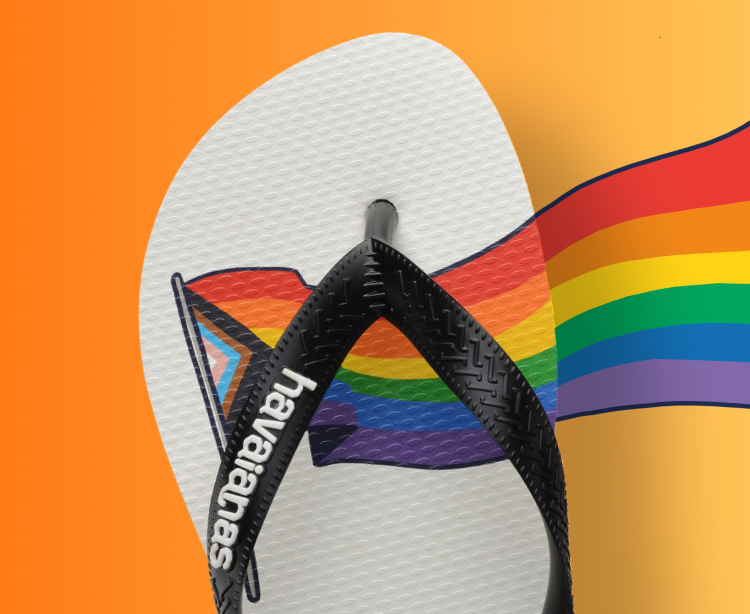 People with their arms around eachother and Havaianas pride flip flops
